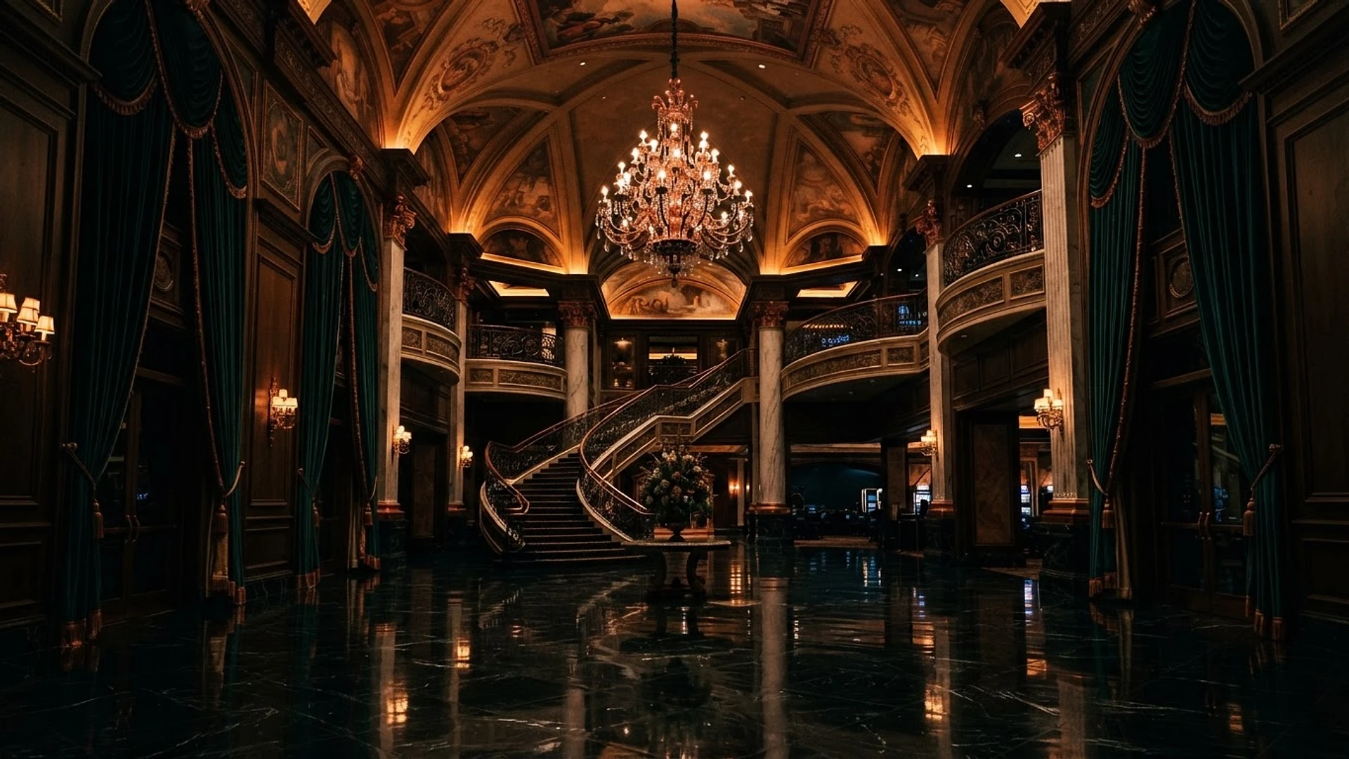 The grand casino hotel lobby atrium of Yerveno Hotel at night
